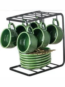 vicrays Ceramic Espresso Coffee Cups -Porcelain 4 oz Espresso Cups Set with Spoons Saucers and Metal Stand for Tea Cafe Cappuccino Latte - Set of 6 - Green ,Drinkware , Tumblers, Mug,