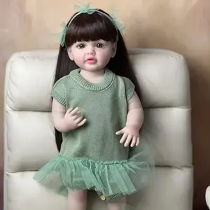 22-inch soft silicone doll realistic resurrected princess doll, black long hair, green skirt and accessory set - can sit or stand, high-end paint features - suitable for birthdays, Christmas gifts and collectors