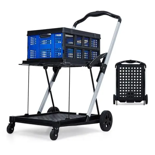 GARVEE Collapsible Shopping Cart with Wheels, 200 Lbs Capacity Grocery Cart with Storage Crate, 2 Tier Platform Hand Truck with Foot Brake for Office,Groceries, Warehouse,Supermarket,Picnic