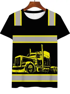 Men's Reflective Stripe Truck Driver T-Shirt, American Big Rig Print Workwear Short Sleeve Top, Casual Comfort Fit, Ideal Gift Choice