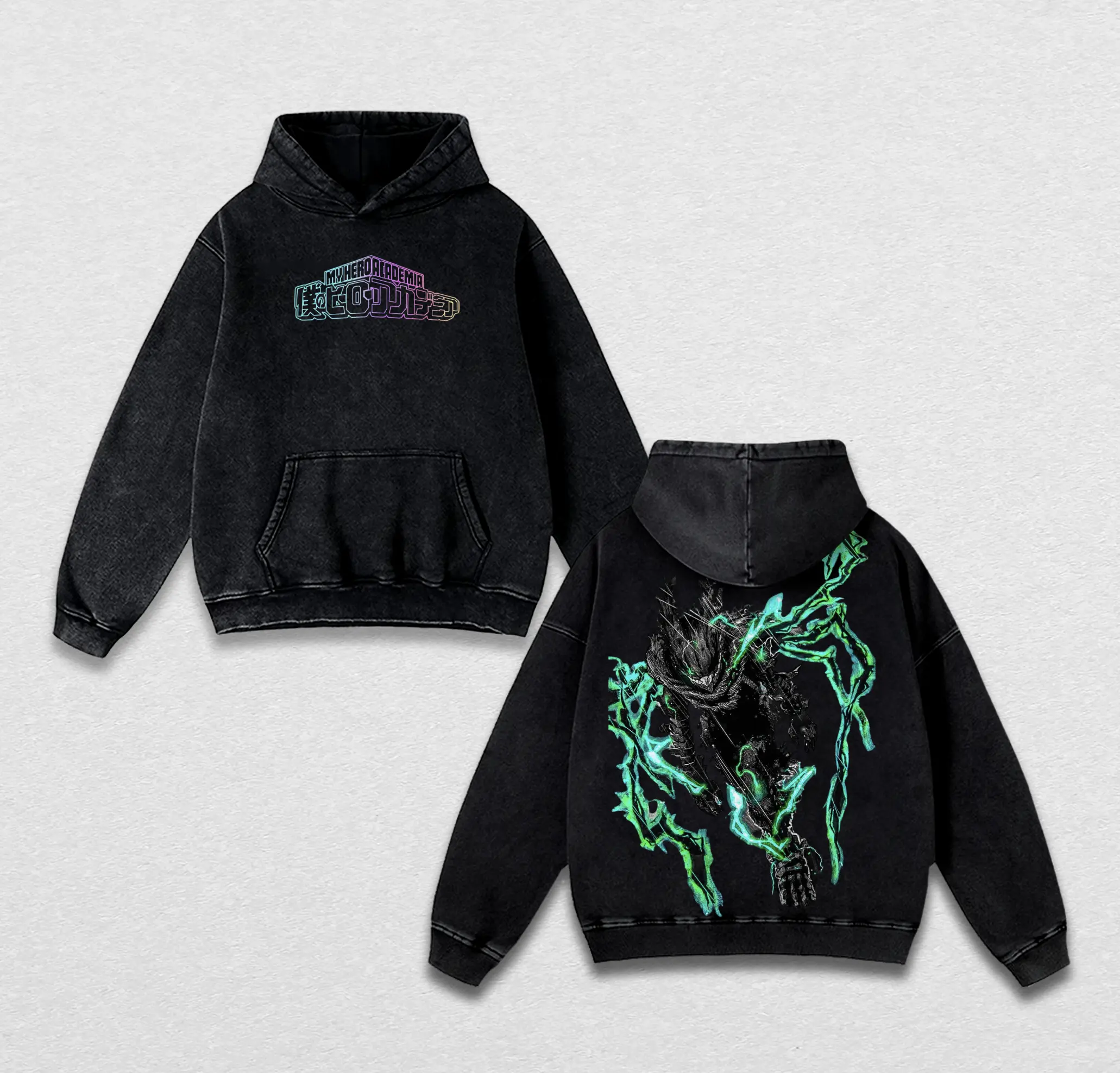 Retro Vintage Limited Midoriya Izuku x My Hero Academia Deku Anime Double Printed Oversized Washed Hoodie & Washed T-Shirt Unisex Oversize Anime Manga Acid Washed Lightweight Cotton Outfit, Perfect Gift for Anime Fans & Lovers