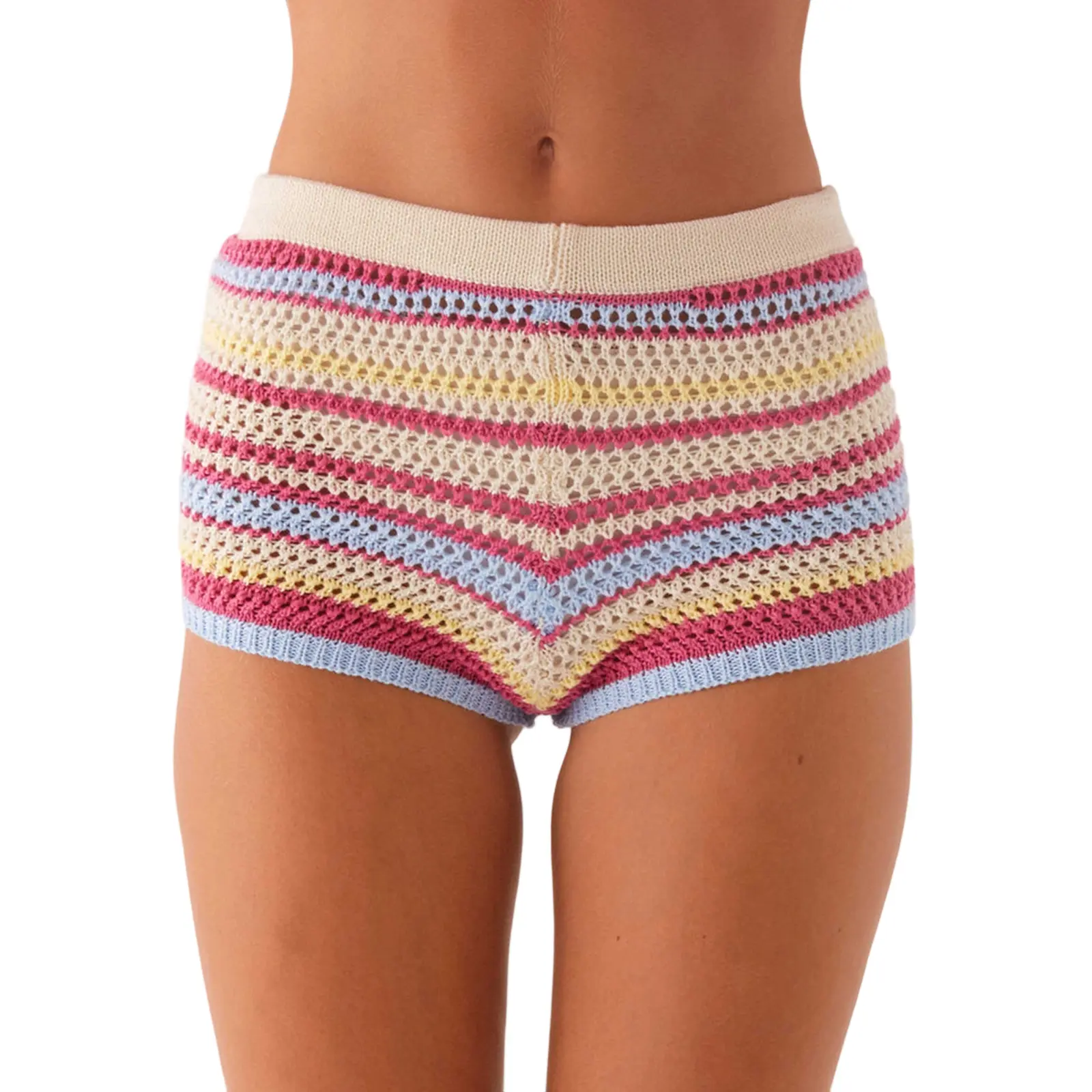 Women Y2K Vintage Low Rise Knit Shorts Striped Stretch Crochet Hollow-Out Mirco ShortsFitted Mini Bottoms Summer Beach Mini Shorts