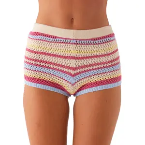 Women Y2K Vintage Low Rise Knit Shorts Striped Stretch Crochet Hollow-Out Mirco ShortsFitted Mini Bottoms Summer Beach Mini Shorts