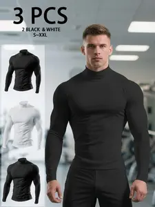 1-Pack Men’s Quick Dry Stretch Fitness T-Shirt, High Neck Long Sleeve Compression Workout Top, Solid Color Moisture Wicking Breathable Performance Athletic Shirt for Gym Training, Fitness, Running, Four Season Active Wear
