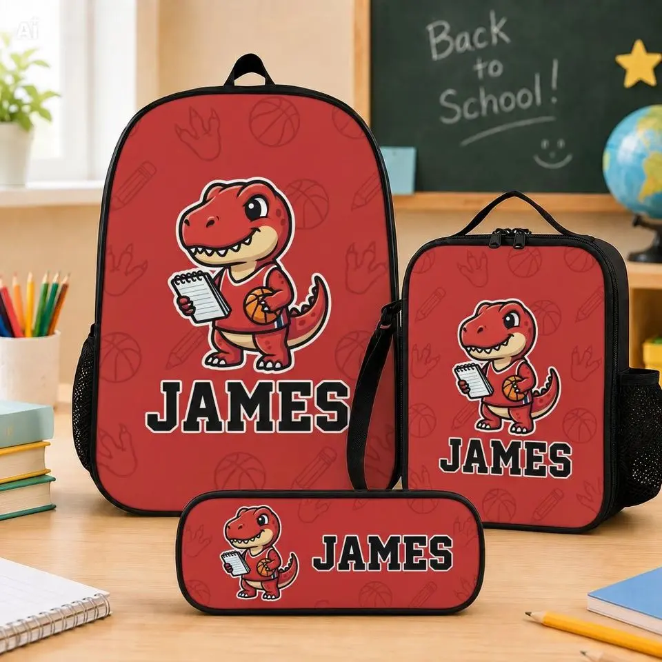 Personalized Red Black Dino Basketball Backpack Set | Custom Name School Bag Insulated Lunch Box Pencil Case | Sports Gift for Kids