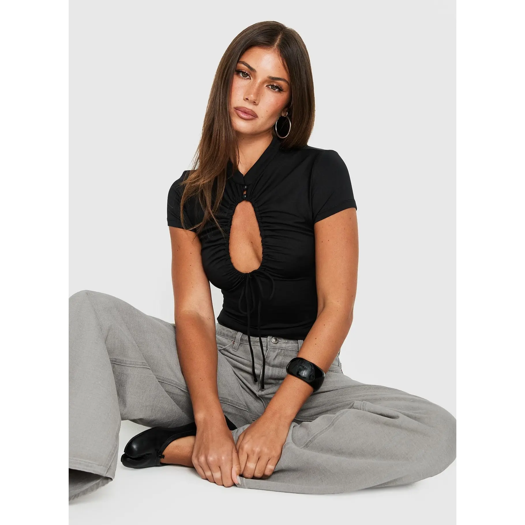 Maeci Ruched Tie Detail Bodysuit Black