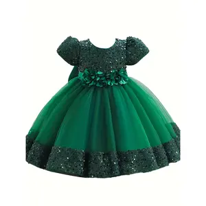 Girl's Dress Princess Dress 2024 New Short Sleeve Sequin Puffy Dress for Children