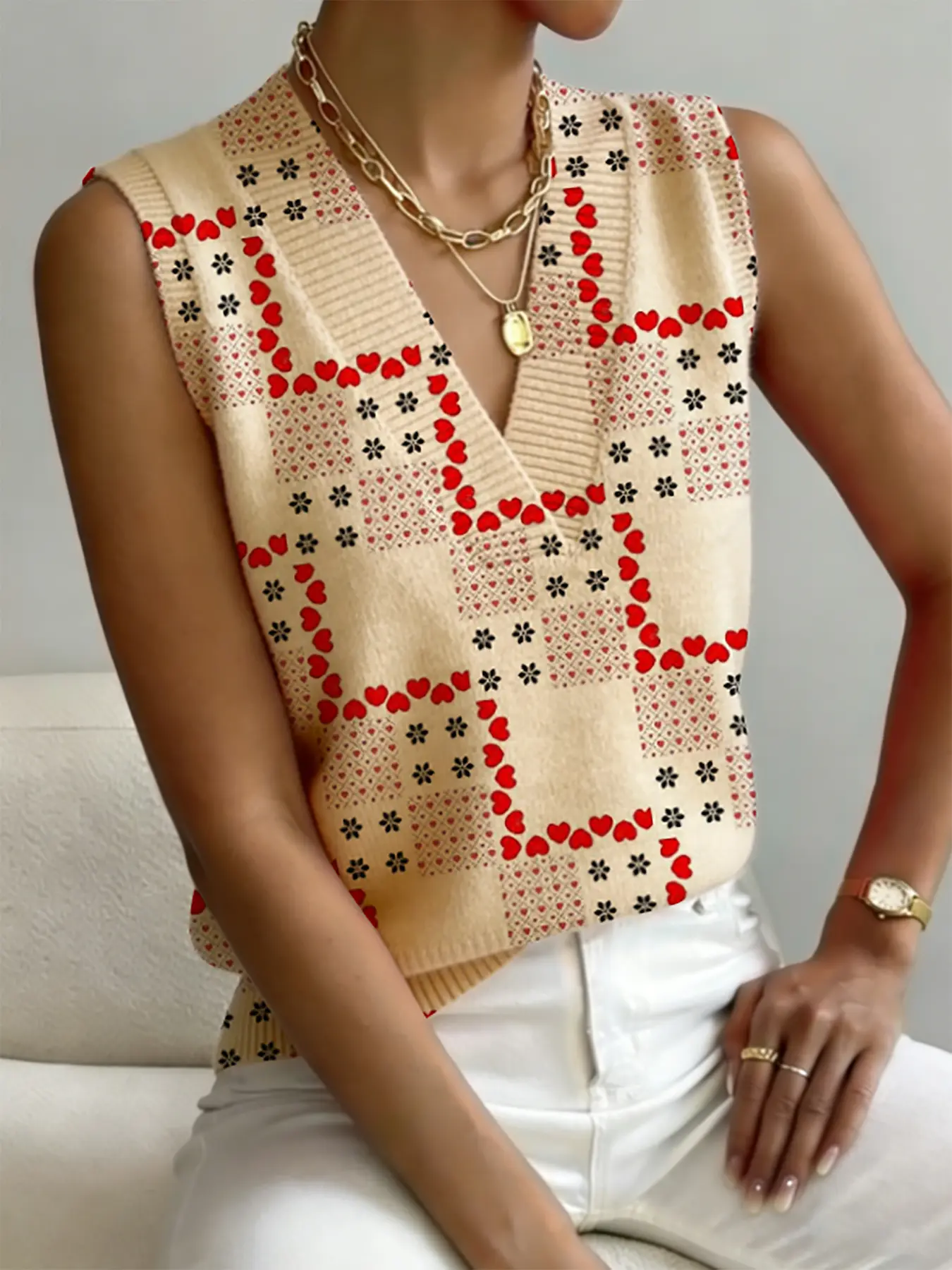 Women's Casual Vintage Geometric Patchwork Knit Sweater Vest, V Neck Sleeveless, Comfortable Breathable, All Seasons Wear