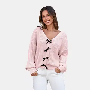 Women's Pink Knit Bow Detail Long Sleeve Sweater – Cupshe-XL-Pink