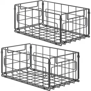 Wire Storage Organizer Baskets for Pantry Kitchen Organization,13.8inch Large Foldable Cabinets Organizer Freezer, Bathroom,Closets Metal Basket Bin with Handle, 35x21.5x16 cm