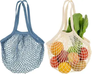 2 Pcs Reusable Mesh Grocery Bags, Premium Mesh Grocery Bags, Portable Long Handle Net Tote, Fruit and Vegetable Bag (Beige, Blue)