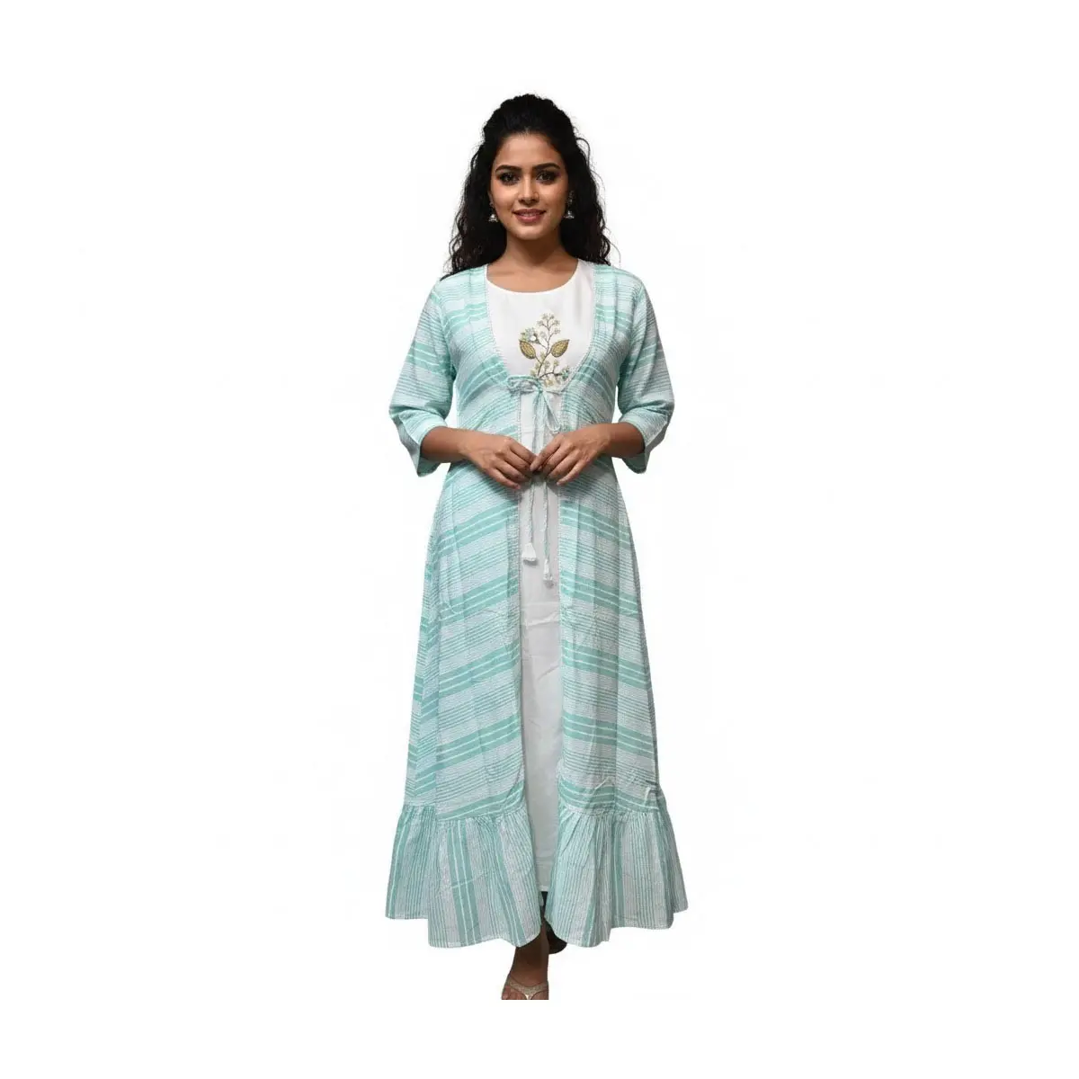 Mint Green Striped 2-Piece Kurta Set Top-18 with Embroidered Inner and Tie-Front Overlay Summer Outfit for Casual & Festive Wear