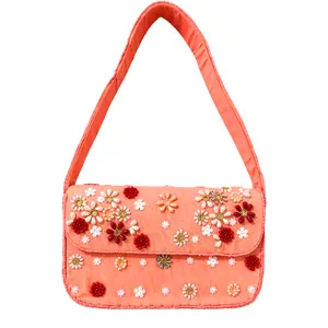 Peach Beaded Shoulder Bag – Handmade Floral Summer Purse