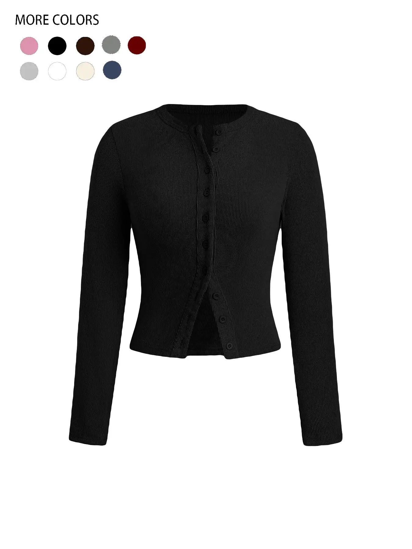 Women's Plain Basic Button Front Ribbed Tee, Casual Womenswear Long Sleeve Round Neck T-Shirt for Spring & Fall, Women's Top for Daily Wear, Casual Fashion Fitted Shirt, Casual Blouse, Casual Blouse Shirts