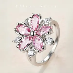 925 Luxurious And Enchanting Pink Cherry Blossom Cubic Zirconia Ring For Women, Women's Pink Floral Cubic Zirconia Ring, Birthday Gift, Women's Jewelry Gift, Unique And Stylish Single-Stone Ring For Everyday Wear