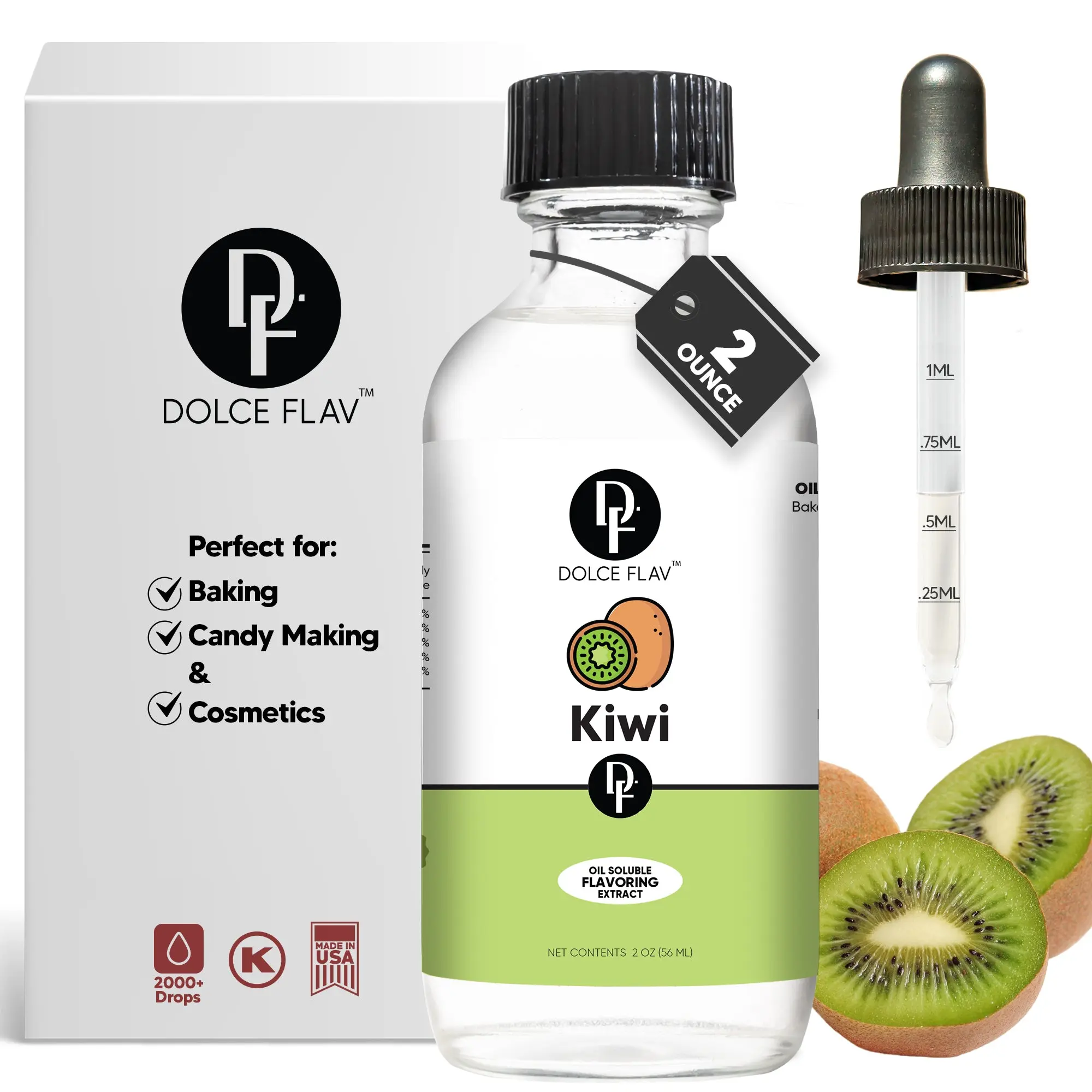 Dolce Flav Kiwi Flavoring Extract (Oil-Soluble)2 oz - Tangy Tropical Sweet Tart with Citrus Note - Ideal for Baking Candy Cosmetics - Dye-Free Alcohol-Free - 2000+ Drops - Accurate Precision Dropper Included