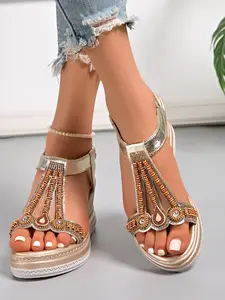 Women's Bohemian Beaded Wedge Sandals, T-Strap Thick Sole Beach Shoes, Stylish Summer Footwear, Comfortable and Trendy