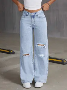 Blue Ripped Denim Jeans Loose Fit High Waist Wide Leg Pants High Rise Jeans, Casual Fashionable Style for All Seasons, Women's Comfortable Jeanwear