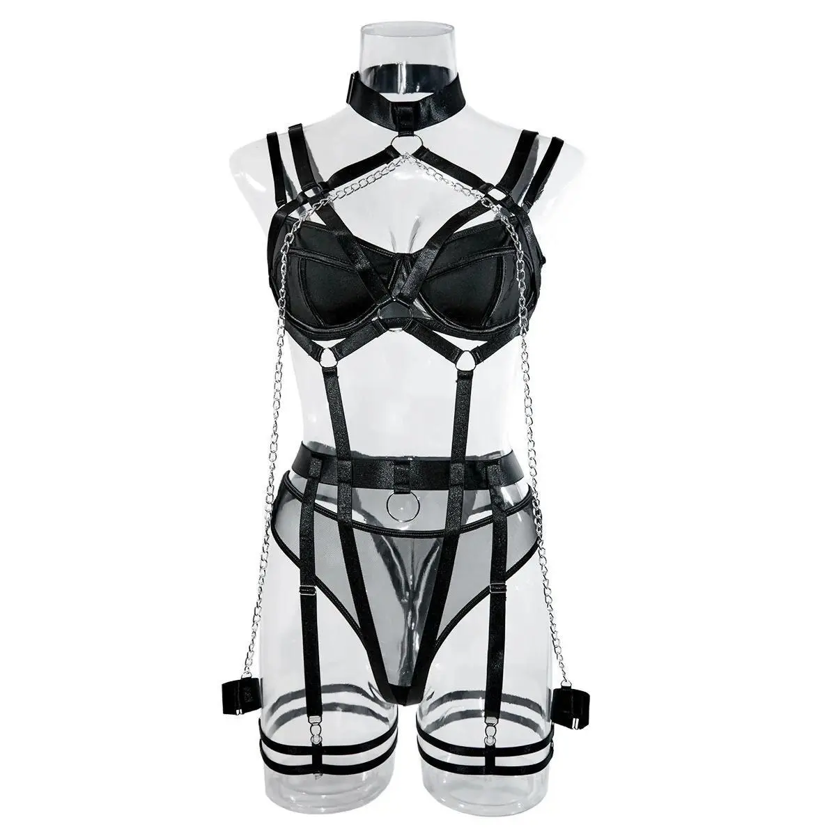 Fashion Sexy Seductive Chain Lingerie Four Piece Set Women's Solid Exotic Apparel Suit Female Stain Pure Desire Style Underwear