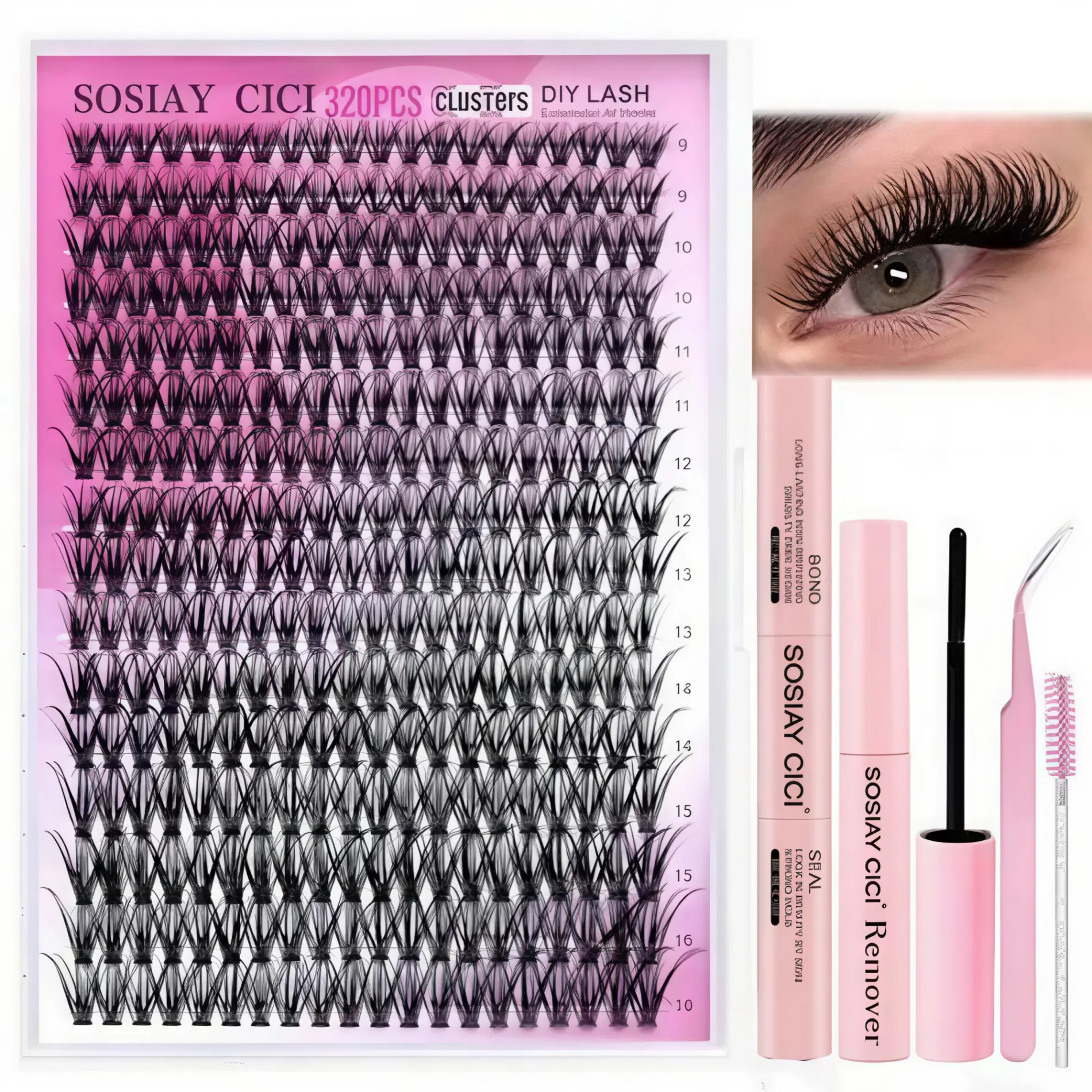 320-Piece Salon DIY Makeup Lash Extension Kit - 40D Curled Lightweight Volume Clusters, Latex-Free Sensitive-Safe for Beginners, 9-16mm Mixed Lengths, Bond, Seal, Remover, Tweezers, Step-by-Step, Long-Lasting Compact for Natural Look, Festival Use