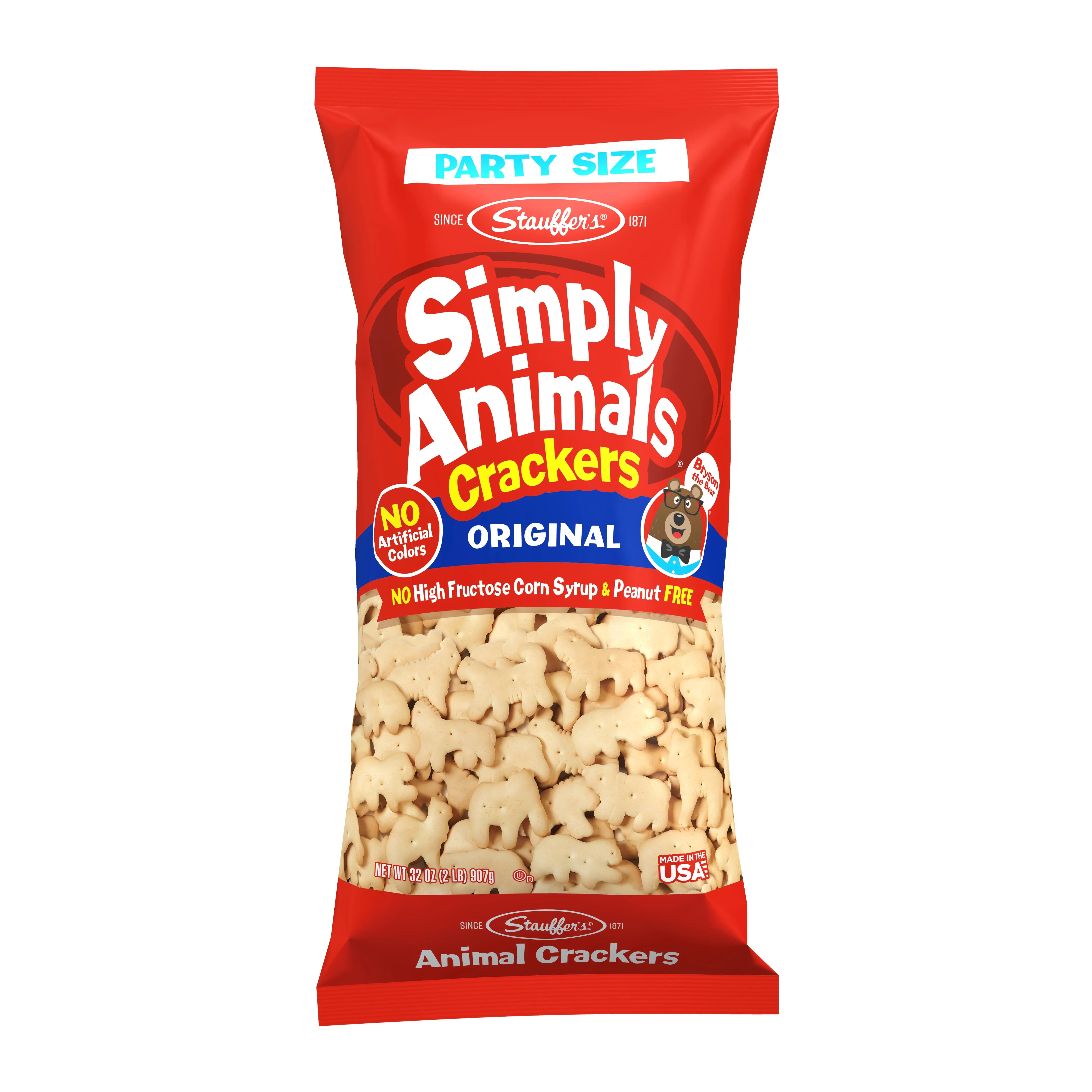Stauffer's Simply Animals Original Animal Crackers, Fun Kid Snacks, 32oz Party Size Bag