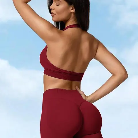 Women's Solid Color Backless Halter Neck Sports Bra & High Waist Skinny Shorts Sports Set, Workout Sets Women, High Stretch Breathable Sweat-Wicking Seamless for Yoga Gym, Sportswear for All Seasons, Sports Clothing Set, Activewear Clothes