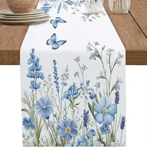 Floral Butterfly Print Table Runner, Blue Wildflower and Lavender Pattern, Indoor Outdoor Dining Decor, 13x72 Inch Rectangle, Home Decoration