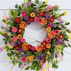 Artificial 22 Inch Spring Summer Wreath for Front Door with Green Eucalyptus Leaves Pink Daisy Lavender for Farmhouse Wall Wedding Home Porch Easter