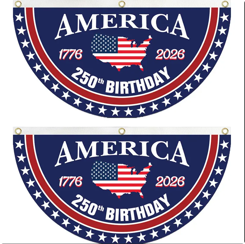 America 250th Birthday Bunting Fan Flag, 1776-2026 USA 250 Anniversary Half Round Pleated Banner, Patriotic American Map Star Decor for Porch Fence Front Door 4th of July Outdoor Party Decorations