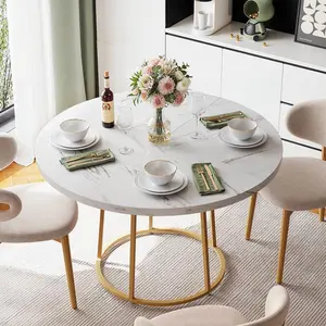 ONBRILL Round Dining Table, 47.24 Inch, Wooden Faux Marble with Gold Base, Circle Modern Small Table for Home Dining Room, Kitchen, Restaurant