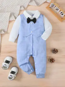 Elegant Baby Boy Gentleman Style Long Sleeve Bow Tie Romper, Stylish Infant Onesie for Special Occasions, Comfortable and Durable, Baby Boy Clothes
