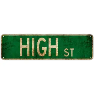 Vintage Metal "HIGH ST" Street Sign - 16x4 Inch Tin Wall Decor with Distressed Green Background & Golden Lettering, Rustic Road Sign for Home, Bar, Cafe, or Office, Metal Wall Art Decor, Bar Decoration, Classic Design, Durable Material, Decorative Plaque
