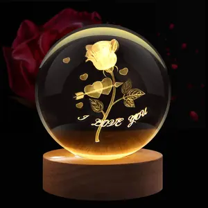 3D Rose Crystal Ball Night Light, LED Hologram Glass Lamp with Solid Wood Base, USB Powered, Adjustable Brightness, Home Decor Gift, Nightlight For Bedroom