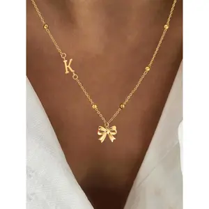 Women's Custom Initials Bow-Cat Design Stainless Steel Pendant Necklace - Copper Color, Boxed Romantic Costume Jewelry for Party Wear, Birthday Gifting, Custom Pendant