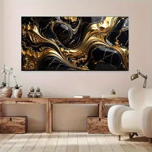 1 Framed Canvas Painting, Modern Abstract Marble Canvas Wall Art - Gold and Black Luxury Design for Living Room, Office, Restaurant Decoration, Interior Decoration, fan'bu'hua'yi'shu Ornaments Artistic