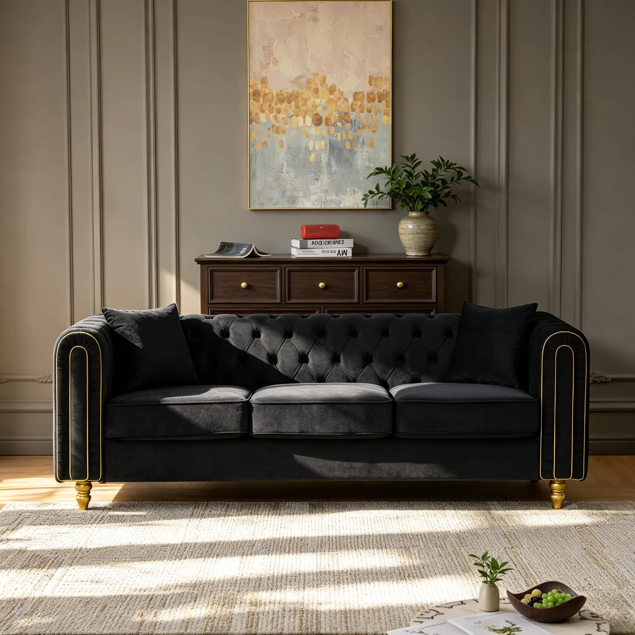 3-Seater Modern Corduroy Chesterfield Loveseat Sofa - Comfy Couch with Button Tufting, Rolled Arms, Gold Legs, Sturdy Frame, Old-Style Luxury Soft-Body Loveseat Set Living Room Furniture