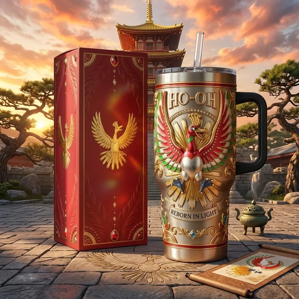 Otaku -  Ho-Oh Reborn in Light 40oz Tumbler with Handle and Straw, Red Gold Legendary Phoenix Anime Inspired Insulated Travel Cup, Large Capacity Stainless Steel Mug, Reusable Hot Cold Drink Tumbler, Collector Gift for Anime Fans