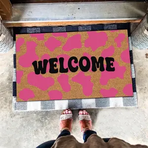 Pink Leopard Print Doormat, Cow Print Doormat, Neon Color Pink Welcome Doormat, Pink Doormat, Pink Leopard Doormat