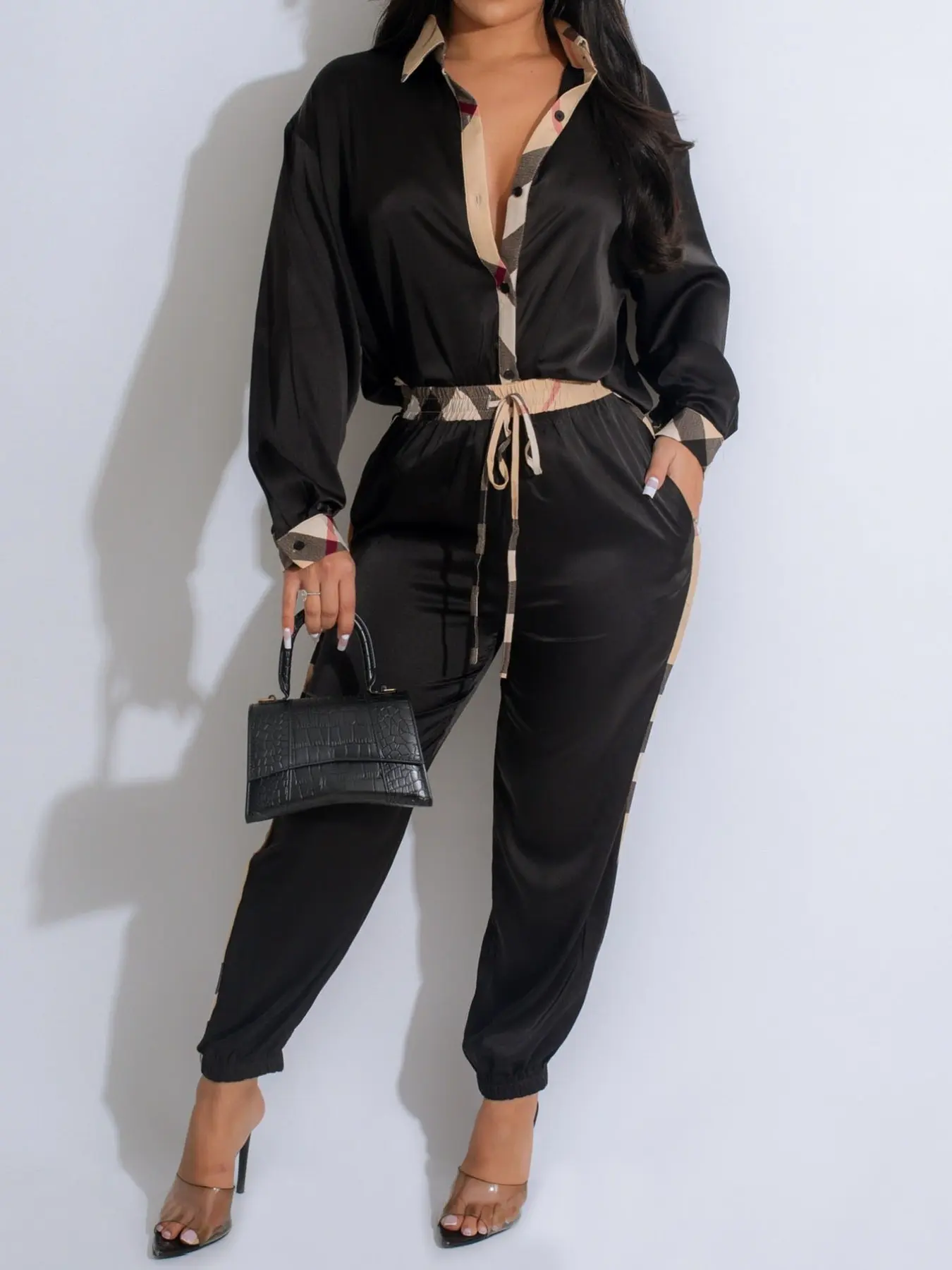 Two-Piece Fashion Jumpsuit Set with Belt Design, Long Sleeve, Tops, Geometric, Fitted, Casual, Nightclub Style Jumpsuit, Perfect for Daily Wear and Vacation, Women's Clothing Pants, Womenswear, Party Club Holiday Jumpsuit, Fit Jumpsuits