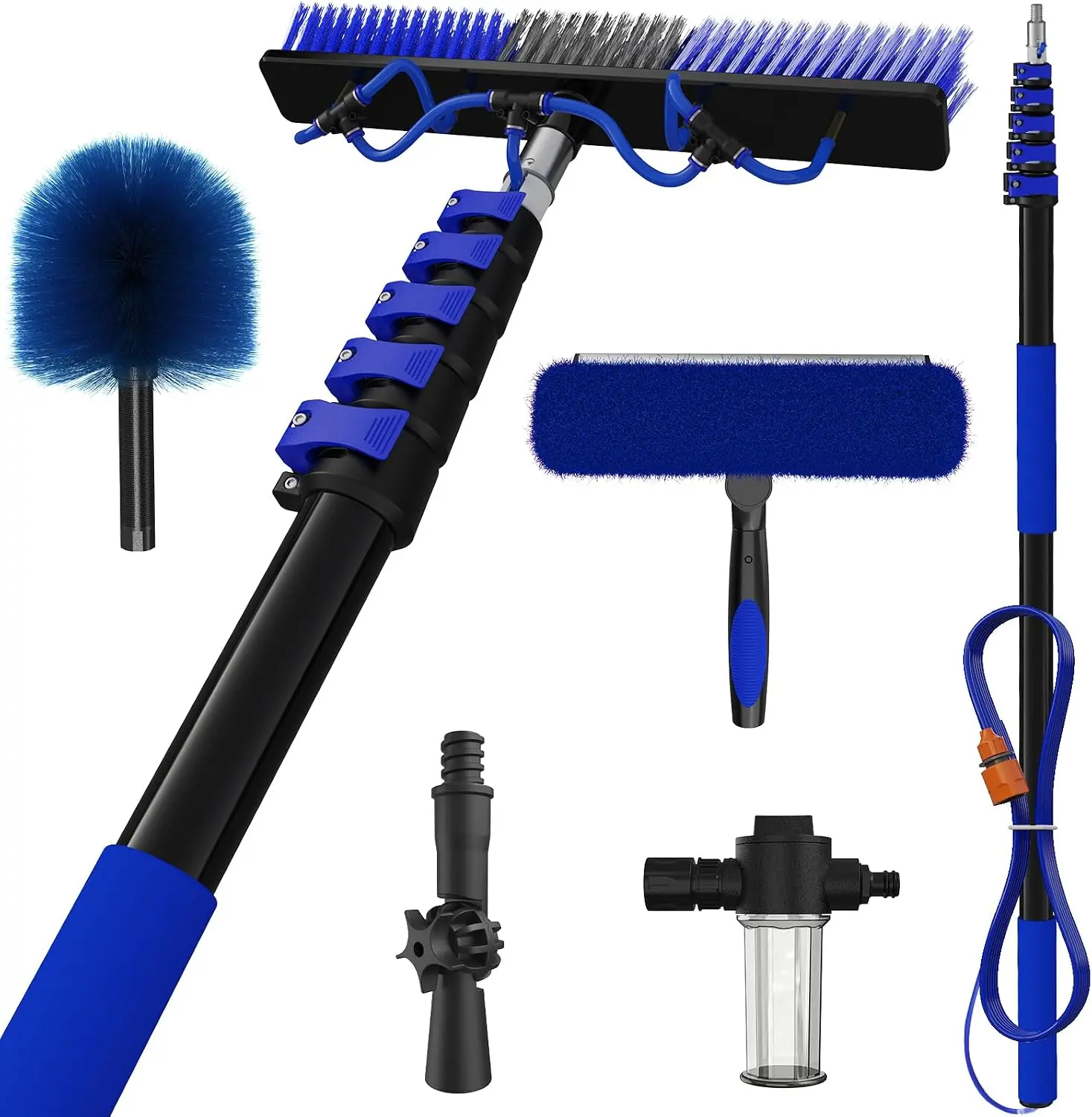 LAANPOLE 30Ft Reach Solar Panel Cleaning Brush Kit with 5-24ft Telescoping Pole, Water Fed Window Cleaner Tool with 20" Brush, Soap Dispenser, Cobweb Duster, Squeegee for Roof, RV, Gutter, Boat, Deck