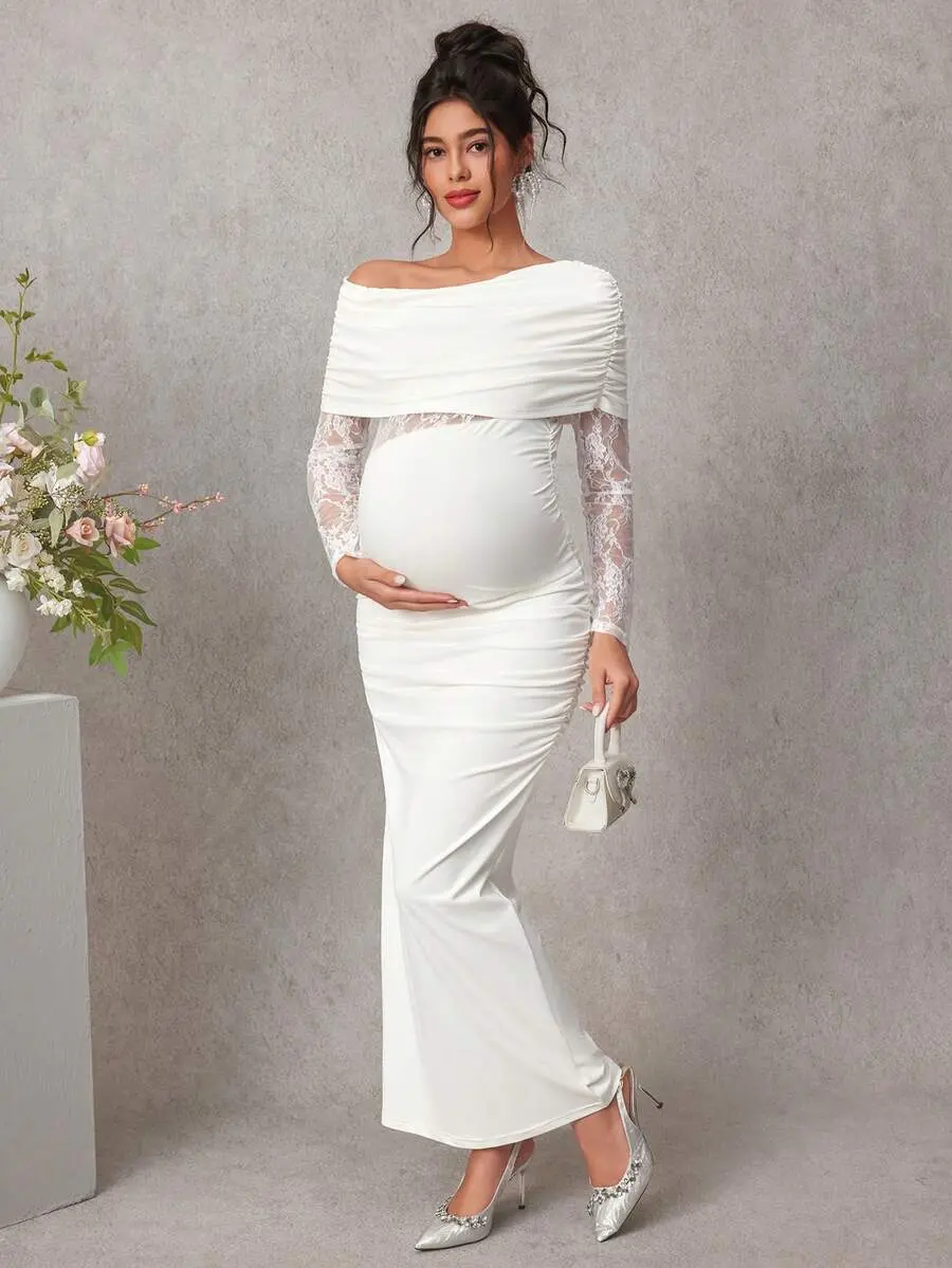 LAFERLIN Maternity Lace Patchwork White Dress, Long Sleeve Elegant Fitted Dress For Pregnant Women, Spring/Autumnv