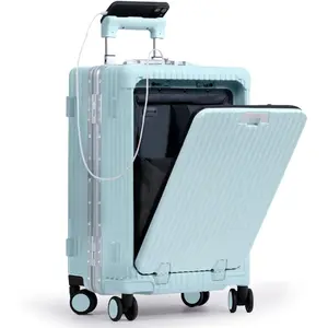 Nobl Travel Carry On Luggage, Noble Zipperless Aluminum Frame PC Hard Shell Suitcase, 22.5x15x9.5 Airline Approved, 360 °   Spinner Wheels, TSA Locks, USB Charging Port, Cup & Phone Holder - Baby Blue