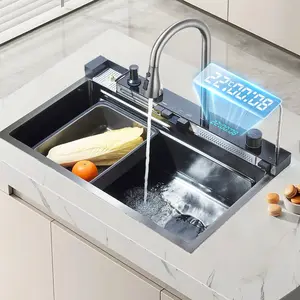 304 Stainless Steel Waterfall Kitchen Sink Large Single Slot Integrated Digital Display Faucet Set Soap Dispenser Cup Washer
