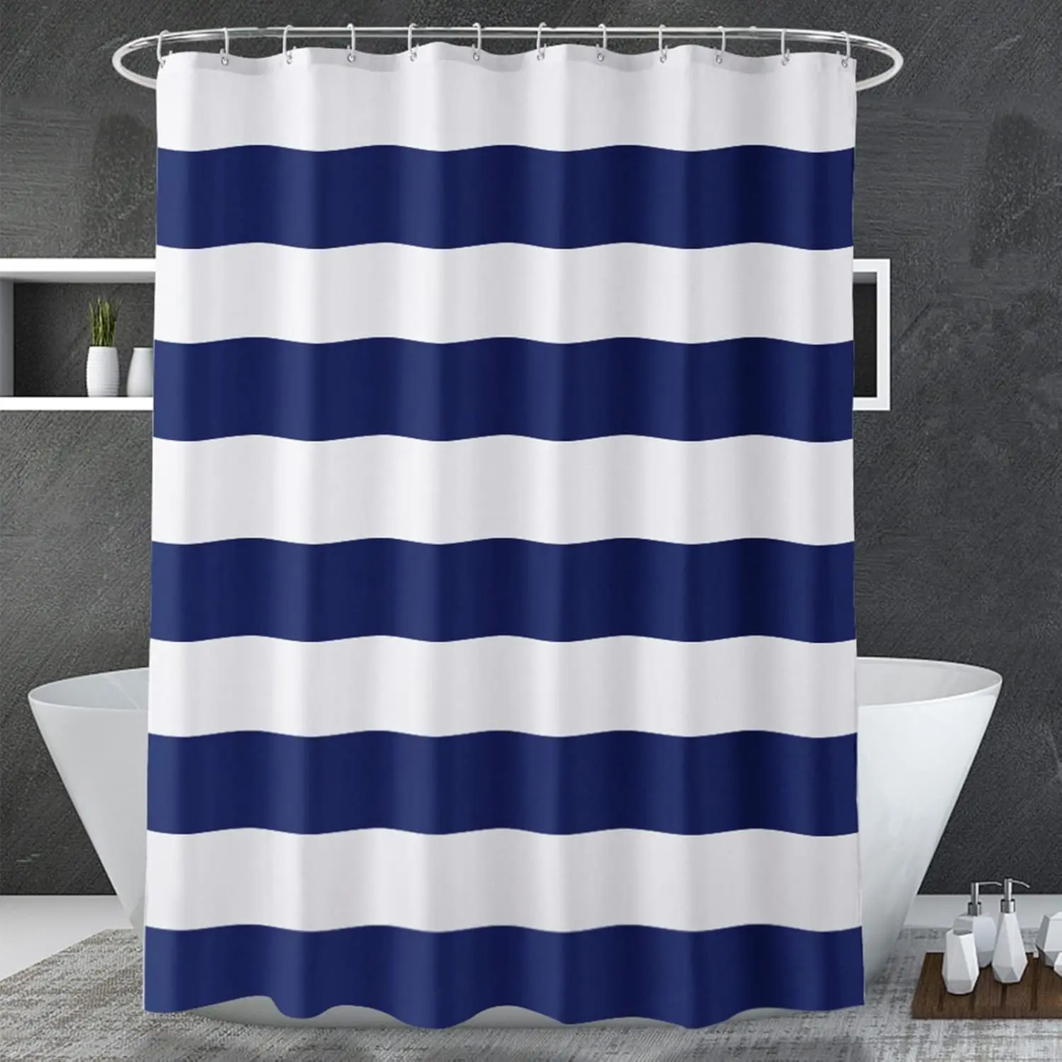 Classic Striped Heavy Duty Easy Clean Blue and White Navy Fabric Shower Curtain, 72" W x 72" H, Washable Bathroom Decor with 2 Heavy Metal Stones, Liner-Compatible, Stripes, Heavy Duty Shower Curtains