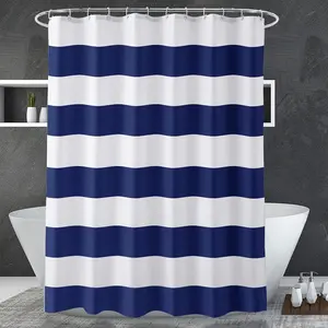 Navy blue shower curtain 72 w x 72 h blue and white stripes fabric for bathroom with 2 heavy stones
