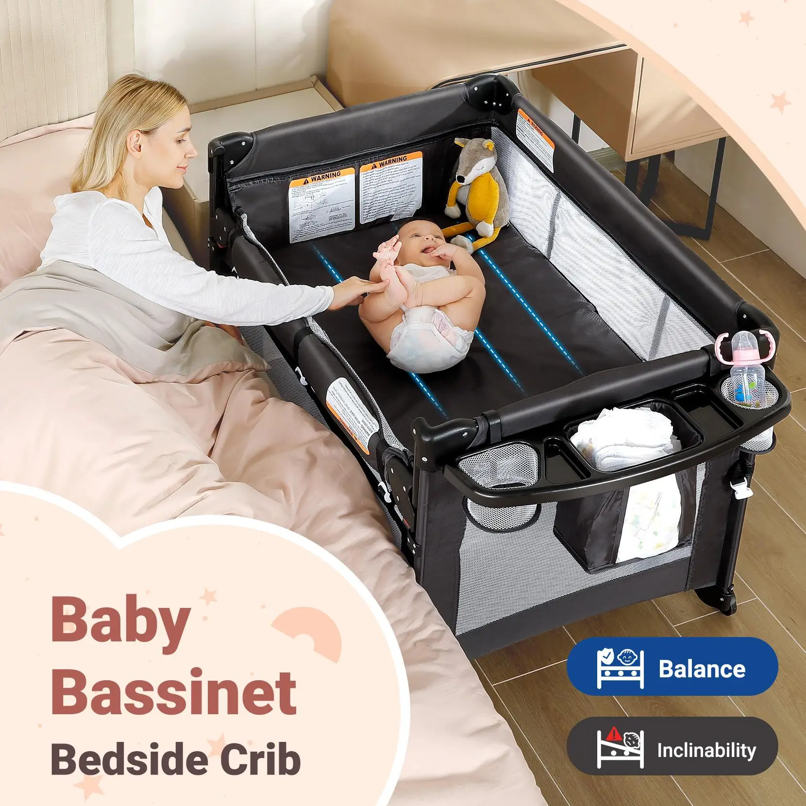 Dripex Baby Bassinet Bedside Sleeper, Adjustable Height, Includes Mattress Sheet, Portable Playpen Travel Bed with Storage Foldable Crib for Newborns