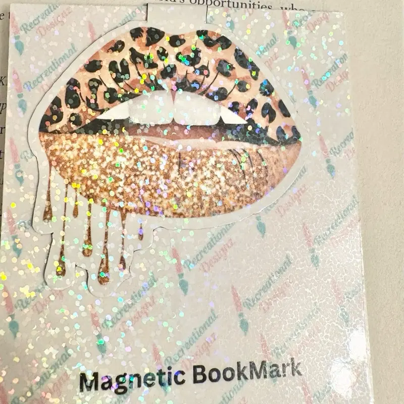Holographic Lip Shaped Fully Magnetic Cheetah Print Bookmark for Book Lovers Unique Design Adds Sparkle to Your Reading Experience