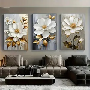 Optional Wooden Frame Classic Style Floral Abstract Design Canvas Prints Poster 3pcs Golden Leaves White Flowers Wall Art Set for Living Room Bedroom Decor