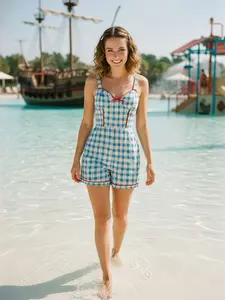 BLUE 1950S BOW GINGHAM PLAID FLORAL ROMPER WOMENSWEAR CUTE SLEEVELESS OVERALLS WOMEN'S TRAVEL JUMPSUIT Elegant Matching Outfits Shorts Party Spaghetti Strap