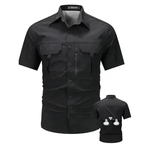 Men'S Summer Casual Cargo Shirt, Nylon 92% Spandex 8% Blend, Short Sleeve, Lapel Collar, Single Breasted, Breathable Stretch Fabric, Solid Color, Big-tall Fit, with Flap Pockets, Outdoor Activities - 120g/m² Woven